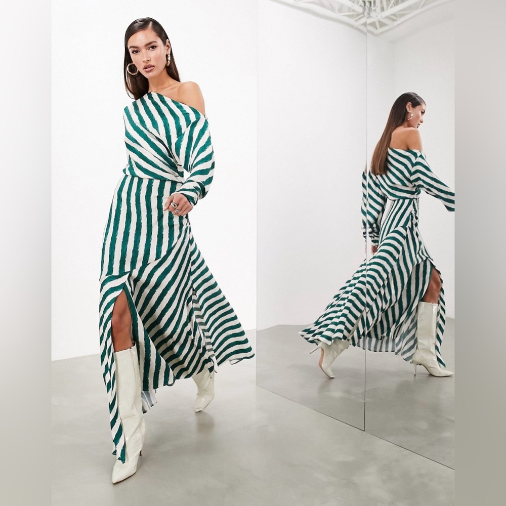 ASOS EDITION fallen shoulder midaxi dress in green stripe